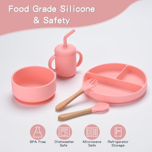 Silicone Baby Feeding Set - 13PCS Essentials With Suction Bowl, Plate, Spoons, Forks, Bib, Cup, Toothbrush - Led Weaning Supplies for 6+ Months Eating (Pink) Pink