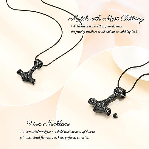 Minicremation Mjolnir Thor Hammer Urn Necklace for Ashes for Women Men Viking Jewelry Memorial Pendant Urn Necklace for Loved One Ashes Holder Black