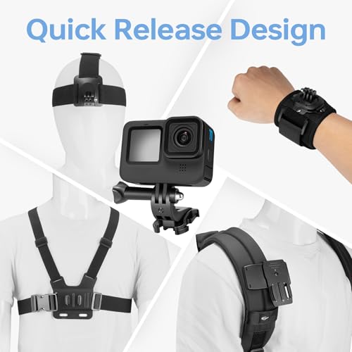 Action Camera Accessories Kit - 5-in-1 Set for GoPro Hero Compatible with All Models Head Strap, Chest Harness, Backpack Clip, 360° Wrist Strap, Storage Bag