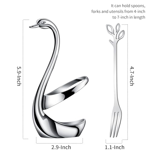 AnSaw Silver Swan Base Holder Set with 10 Pcs 4.7" Mini Leaf Spoon & Fork