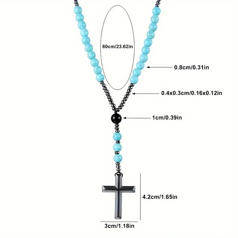 N379 5-Decade Rosary – Turquoise Howlite, Hematite & Black Agate Beads – Handmade Catholic Prayer Rosary with Cross – Spiritual Gift for Men & Women