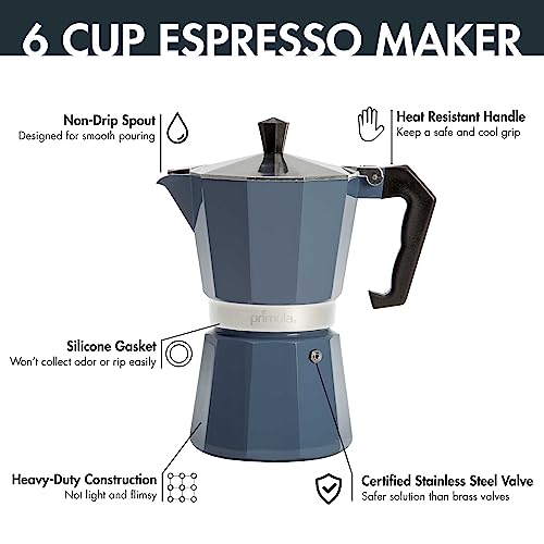 Primula Classic Moka Pot Stovetop Espresso and Coffee Maker, Italian and Cuban Cafetera for Rich Espresso Brewing, Durable Aluminum Greca Coffee Maker with Easy Grip Handle, 6-Cup, Blue 6 Cup