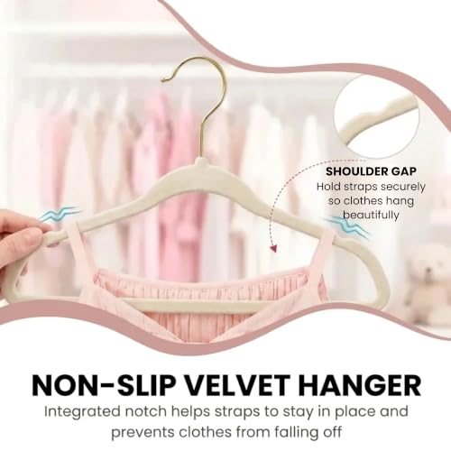 CONCEPTS 25 Pack Ivory/Gold Hook Non-Slip Velvet Hanger for Baby, Clothes Hangers for Toddler & Newborn, Small Hangers for Baby Clothes, Pants & Shirts, Space-Saving Nursery Closet Organizer Ivory / Gold Hook
