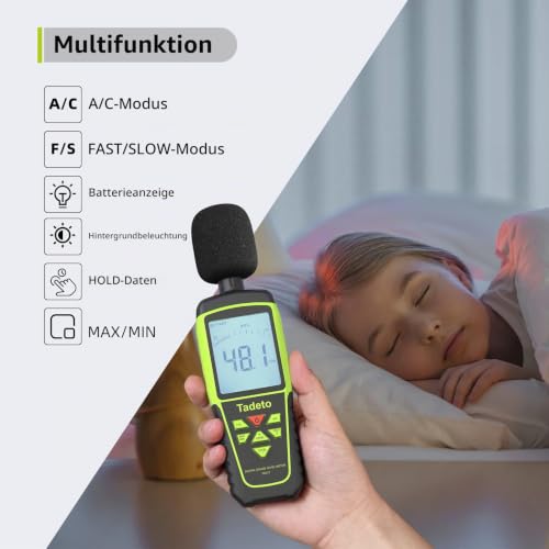 Decibel Meter, Tadeto Sound Level Meter Portable dB Meter 30dB to 130dB (5 Measuring Range) Backlight LCD Display, MAX/MIN, Acoustic and Visual Alarms, Data Hold, A/C Weighted Green