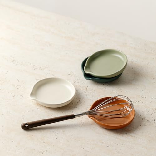 Set of four Vrutaoci ceramic spoon rests for stove top, ideal for holding spoons, spatulas, whisks, and ladles.