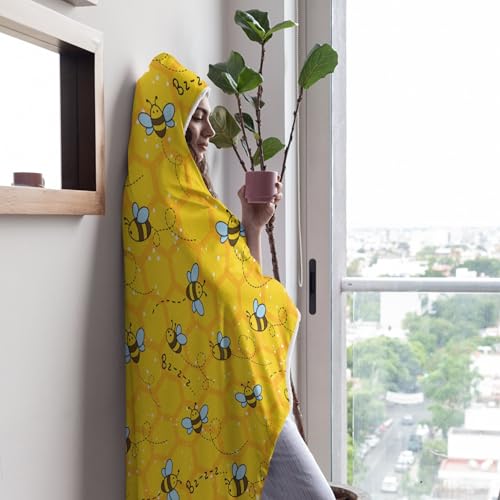 Honeycomb Cute Bee Yellow Hooded Blankets for Couch Sofa Throw Bees Wearable Blanket Super Soft Lightweight Warm Gift for Kids Women - 50"x60" for Teens Honeycomb Cute Bee Yellow