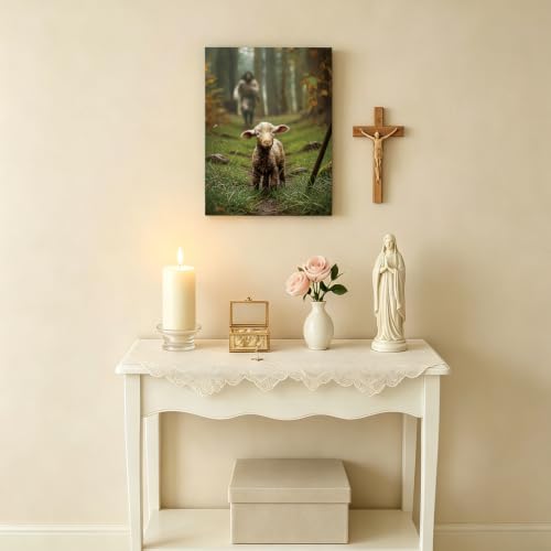 AKTESRACH Jesus Leaves the 99 Sheep Wall Art, Christian Canvas Wall Decor, Jesus and Lamb Religious Painting, Biblical Scripture Wall Art for Living Room, Spiritual Christian Home Decor 12x16in Lost Lamb Jesus 16"L x 12"W