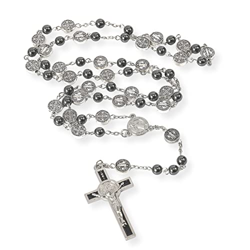 Nazareth Store Catholic Saint Benedict Hematite Stone Rosary Necklace for Men & Women with Crucifix and St. Benedict Medal