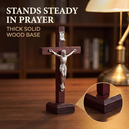 ydzqdxzz 2Pcs Wall and Table Wood Cross Crucifix, Crucifix Wall Cross Wooden Catholic Cross With Stand Religious Christian Standing Church Home Ornaments For Prayers