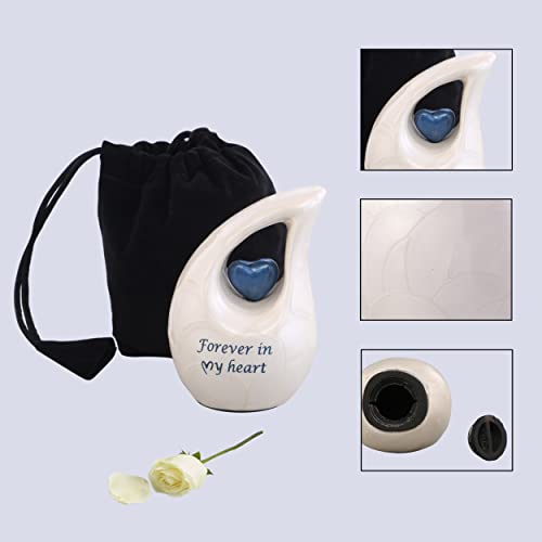 White Teardrop Small Urns for Human Ashes/Mini Urn with Dark Blue Heart/Cremation Keepsakes for Ashes/Ash Holders (White - Blue, Extra Small - EXS (3 Cu in)) Extra Small - EXS (3 Cubic Inch) White - Blue