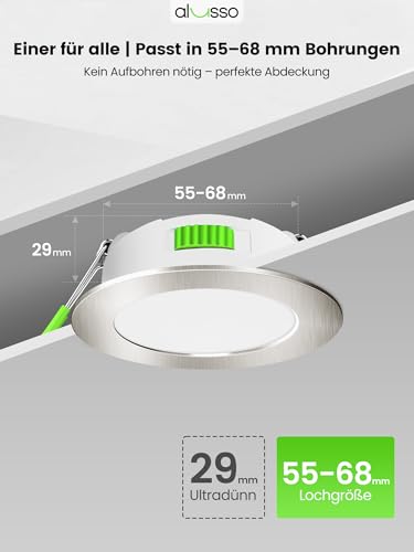 Alusso 12-24 V LED Recessed Ceiling Spotlight, IP44 Furniture Recessed Spotlight, Flat | 4 W, drill hole 55-68 mm and 29 mm flat, 3000 K warm white 4000 K neutral white, 6500 K cool white, nickel, set of 6 Nickel, Diameter 55-68 Mm