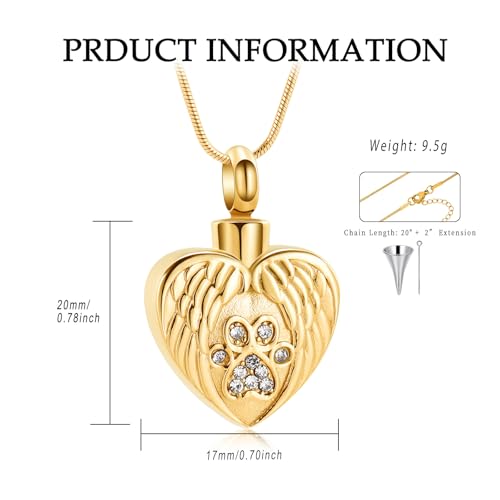 Cremation Jewelry Urn Necklace for Ashes for Pet Dog Paw Print Angel Wing Heart Urn Locket Pendant for Dog/Cat (Gold) Gold