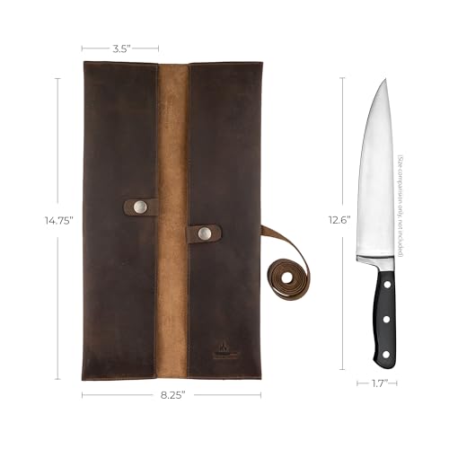 Double Knife Roll for Chefs and Cooks, Vertical Case for Knives, Culinary Accessories, Carry-On Bag for Traveling, Full Grain Leather, Handmade, Bourbon Brown