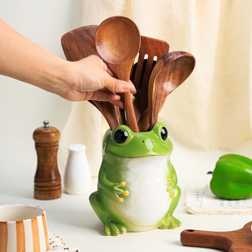 Ceramic Frog Kitchen Utensil Holder, Large Cooking Utensil Crocks for Countertop, Utensil Organizer, A