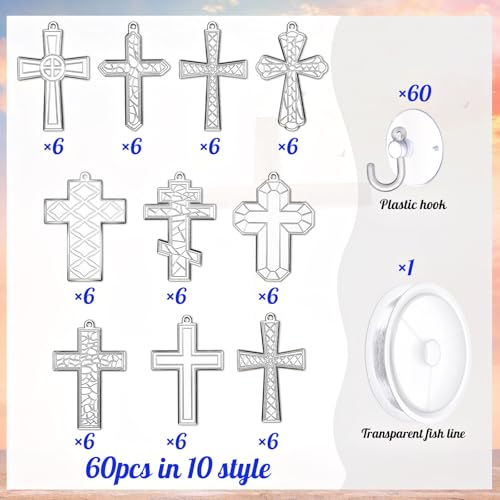 Wonderjune 60 Sets Ramadan Suncatcher Decorations Window Eid Christian Cross Suncatcher Ornaments Paint DIY Religious Art Suncatchers Crafts Kit for Jesus Sunday Activities Project Party