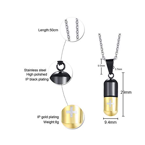 Rockyu Cross Capsule Necklace for Men Gold Black Engraved Cross Stainless Steel Memorial Keepsake Pendant 20 Inch Chain