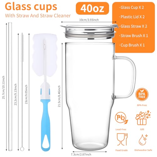 Birity 2Pack 40OZ Glass Tumbler with Handle,Glass Cup with Lid and Straw,Reusable Glass Iced Coffee Cup for Beer, Smoothies, Juice,Hot/Cold Drinks-Suitable for Birthday,Wedding 40 oz 2-pack borosilicate