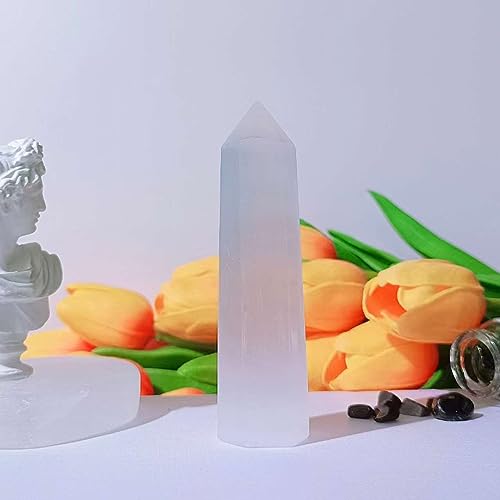 LAIDANLA Selenite Healing Crystals Wands 3.5-4" Natural Reiki Energy Wand Stone Hexagonal Point Obelisk Large Crystal Gemstones for Meditation Therapy Crystal Grid Gifts Decoration 1Pcs G-selenite