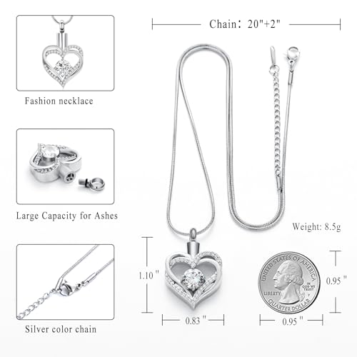 Cremation Jewelry Heart Urn Necklace for Ashes for Women Gilrs Memorial Keepsake Birthstone Pendant Silver-White