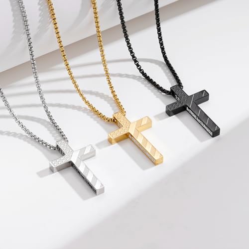 Cross Necklace for Men Boys, 316L Stainless Steel Chain Pendant Bible Verse Religious Christian Confirmation Christmas Jewelry Gifts 22+2 Inches Black 4:13