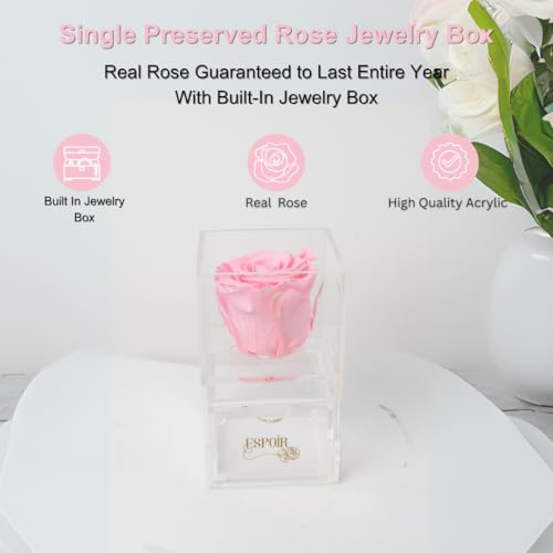 Preserved Rose in Luxury Acrylic Jewelry Box with Drawer - Elegant Gift for Women, Anniversary, Birthday, Valentine's Day, and Special Occasions (Pink) Pink