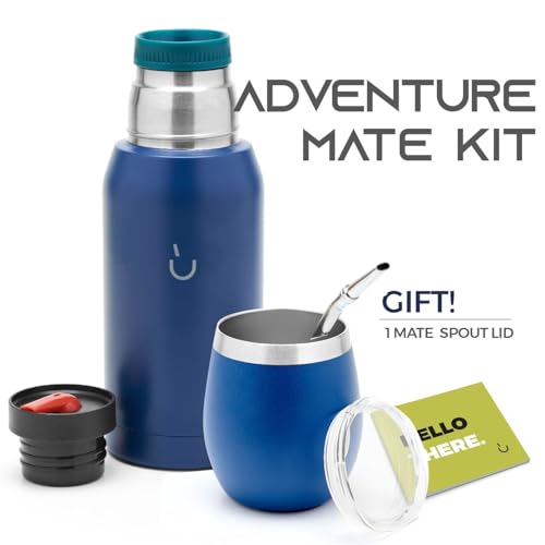 BALIBETOV Yerba Mate Kit - Includes 1 Mate Cup, 1 Straw, and 1 Thermal Flask with 2 Stoppers - The Stainless Steel Yerba Mate Gourd, Includes Lid (Blue) Blue