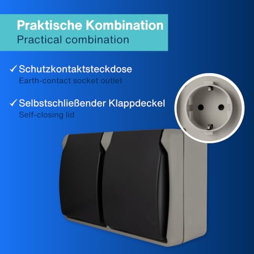 REV AquaBase Wet Room Socket 2-Way Grey | Splash-proof IP54, surface-mounted installation, two-pole up to 2.5 mm², 230 V, 16 A 1 x socket (2-way)