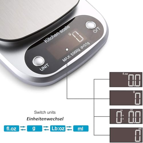Digital Kitchen Scales Professional Electronic Scales Stainless Steel Precision up to 0.1 g (5 kg Maximum Weight), Food Scales Precision Scales with Tare Function