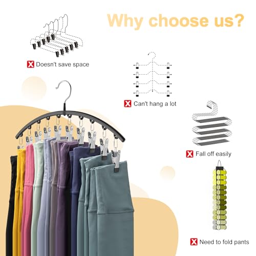 Legging Organizer for Closet, Metal Yoga Pants Hangers 4 Pack w/10 Clips Holds 40 Leggings, Space Saving Hanging Closet Organizer w/Rubber Coated Closet Organizers and Storage, Black
