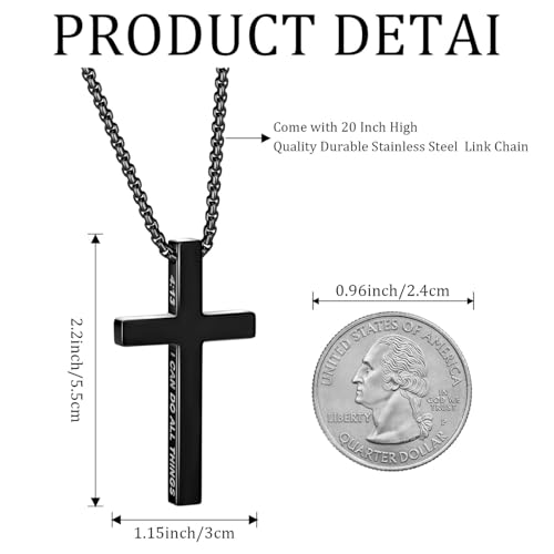 Mens Cross Necklace Cross Pendant Necklaces Chain for Men Stainless Steel Bible Philippians 4:13 Christian Necklace for Men Valentines Gifts 19" 21" 23" Silver/Gold/Black Mens Jewellery Black 1 23“