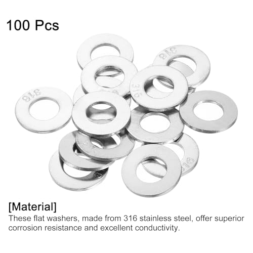 uxcell 100-piece 3/8 flat washers, 316 stainless steel, silver, 0.406 x 0.812 x 0.065 inches