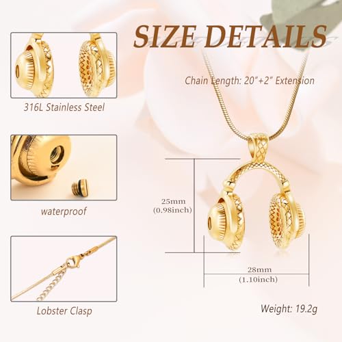 Music Headphone Urn Necklace for Ashes Cremation Memorial Headset Pendant Gold