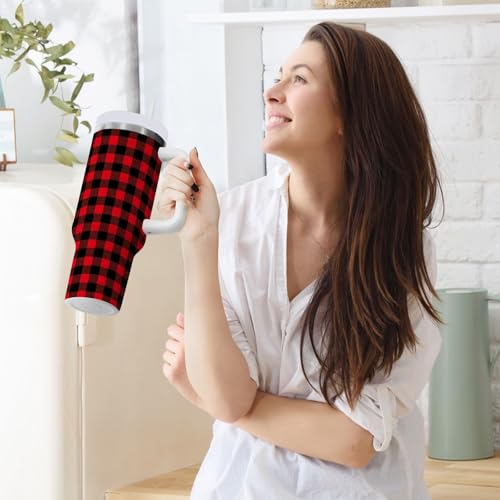 Red and Black Plaid Xmas Check Tumbler with Handle and Straw Leak Proof Tumbler 2 in 1 Lid Insulated Water Bottle Tumblers Stainless Steel Cup Large Travel Mug Cups, Gifts for Women Man, 40oz Red and Black Xmas Plaid 40 Ounces