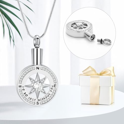 I'd be lost without you - Cremation Jewelry for Ashes Pendant - Compass Urn Necklace with Mini Keepsake Urn Memorial Ash Jewelry Loved One Silver