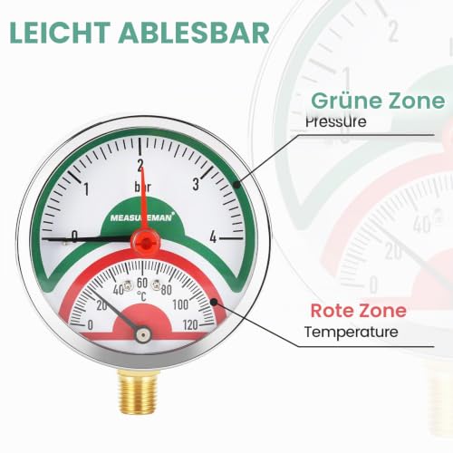 Thermal Pressure Gauge, 3 Inch Dial, 0-4 Bar/120°C, Black Steel Case, G1/2 Under-Connection