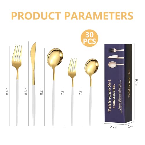 Kawlity Stainless Steel Serving Flatware Durable White & Gold Polished Knives Spoon Forks 30 Pcs Utensil Dinner Tableware, for Kitchen Dishwasher Adults and Children Ideal Gift White Gold