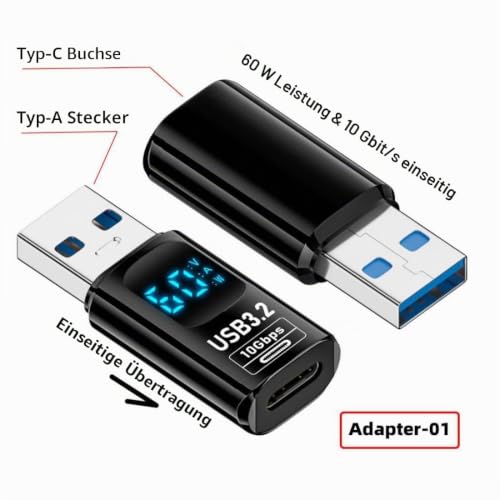 chenyang 3 Pack USB Digital Display Adapter, USB 3.2 10Gbps PD 36W/60W Data Transfer Quick Charge Power Meter Tester Converter Adapter Combination 1