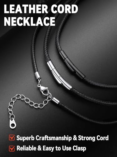 FaithHeart Braided Leather Necklace Cord with Stainless Steel Snap Clasp Length 16 Inches 05. Black 3MM Width-Stainless Steel Lobster Clasp