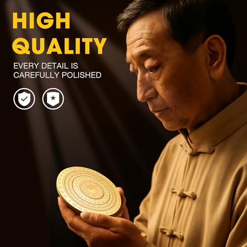 Feng Shui Golden Compass, Solid Brass Bagua Feng Shui Luo Pan for Home Office Decoration, Rotatable Good Luck Minis Chinese Auspicious Amulet, Traditional Fengshui Compass Ornament Glod-B