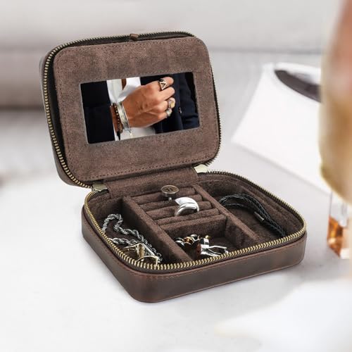 CONTACTS Full Grain Leather Jewelry Box for Men Travel Jewelry Organizer Rectangular+mirror