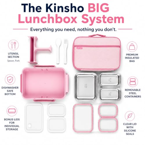 kinsho BIG Bento Lunch Box & Bag, Stainless Steel - Adults Teens Kids Pink