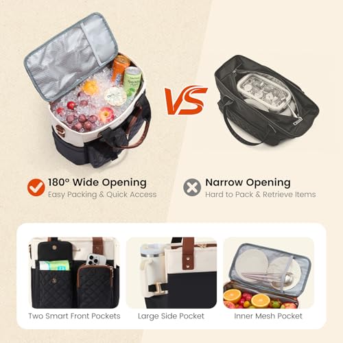LOVEVOOK Insulated Lunch Box for Women,Large Adult Lunch Cooler Bag Women Black/White/Brown - Quilted Stitch 18L (Extra Large)