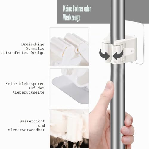8 Pack Self Adhesive Mop Holder Wall Mounted Organizer Clip Broom Clips No Drilling for Bathroom Kitchen Office Closet Garden Garage Utility Room Tool Rack Storage - White