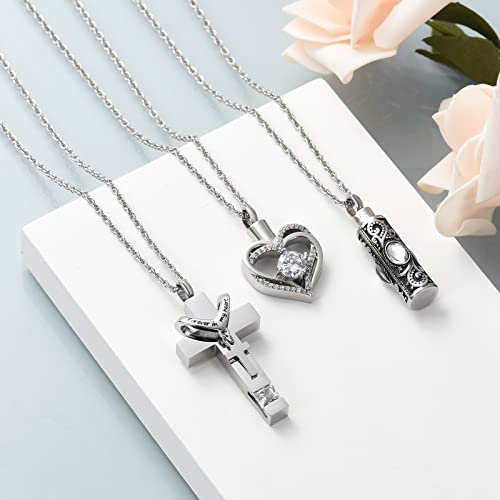 shajwo 3 Pack Urn Necklace for Ashes for Women Gilrs Heart Cross Cylinder Cremation Jewelry for Ashes Memorial Keepsake Birthstone Pendant White