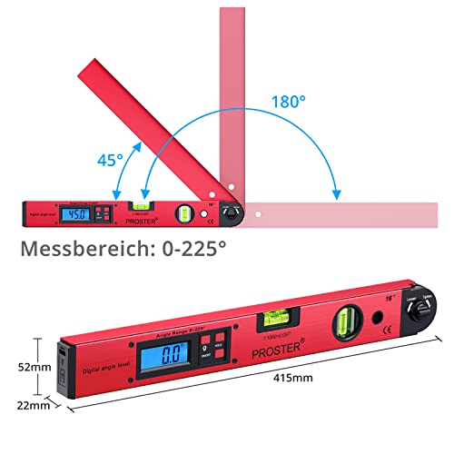 Proster Digital Protractor 0-225° Digital Protractor with Spirit Level and LCD Lighting 400 mm / 16 Inch Protractor with Battery and Bag for Roofing Technology - Red