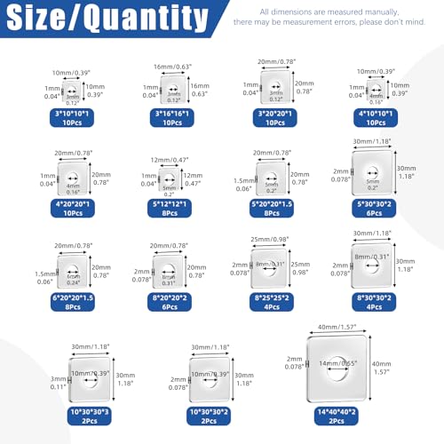 Glarks 304 stainless steel square washers assortment with round-hole rectangular and square plate washers