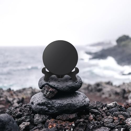 Kathfly 2 Pcs Obsidian Scrying Mirror 3.94 in with Wood Stand 3.94 in/10 Cm