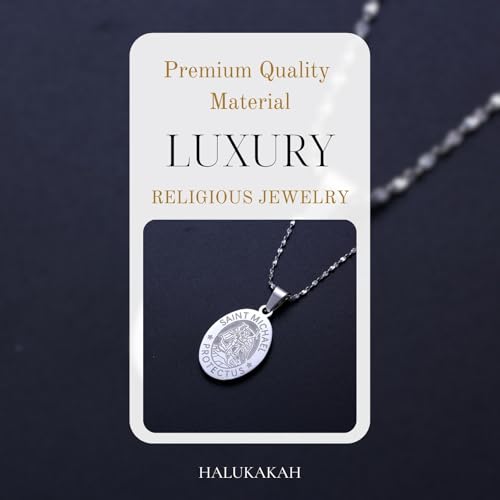 Halukakah 925 Sterling Silver Saint Michael Necklace Medal for Men - Religious Jewelry Pendant Medallion with 45cm Chain - For Protection,Religious Occasions,and Gifts,Includes Bible Card and Gift Box