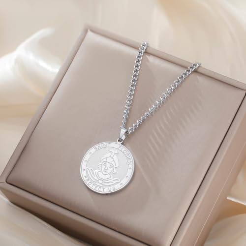 TEAMER Saint Florian Prayer Necklace St Florian Pendant, Firefighters and Soldiers Pattern Jewelry Religious Protection Amulet for Men Women Silver