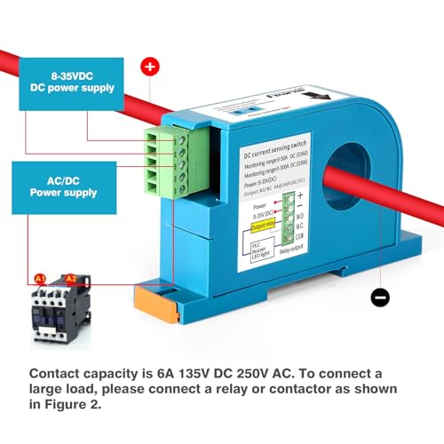 DEWIN Current Sensing Switch, D360 0-50A DIN Rail DC Current Sensing Switch with Overload Protection Linkage Control Hall Sensor 1NO+1NC